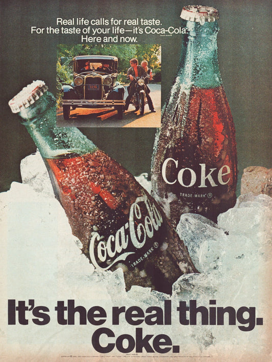 Coca Cola 1969 bottles in ice with 1931 Ford car inset full page print ad