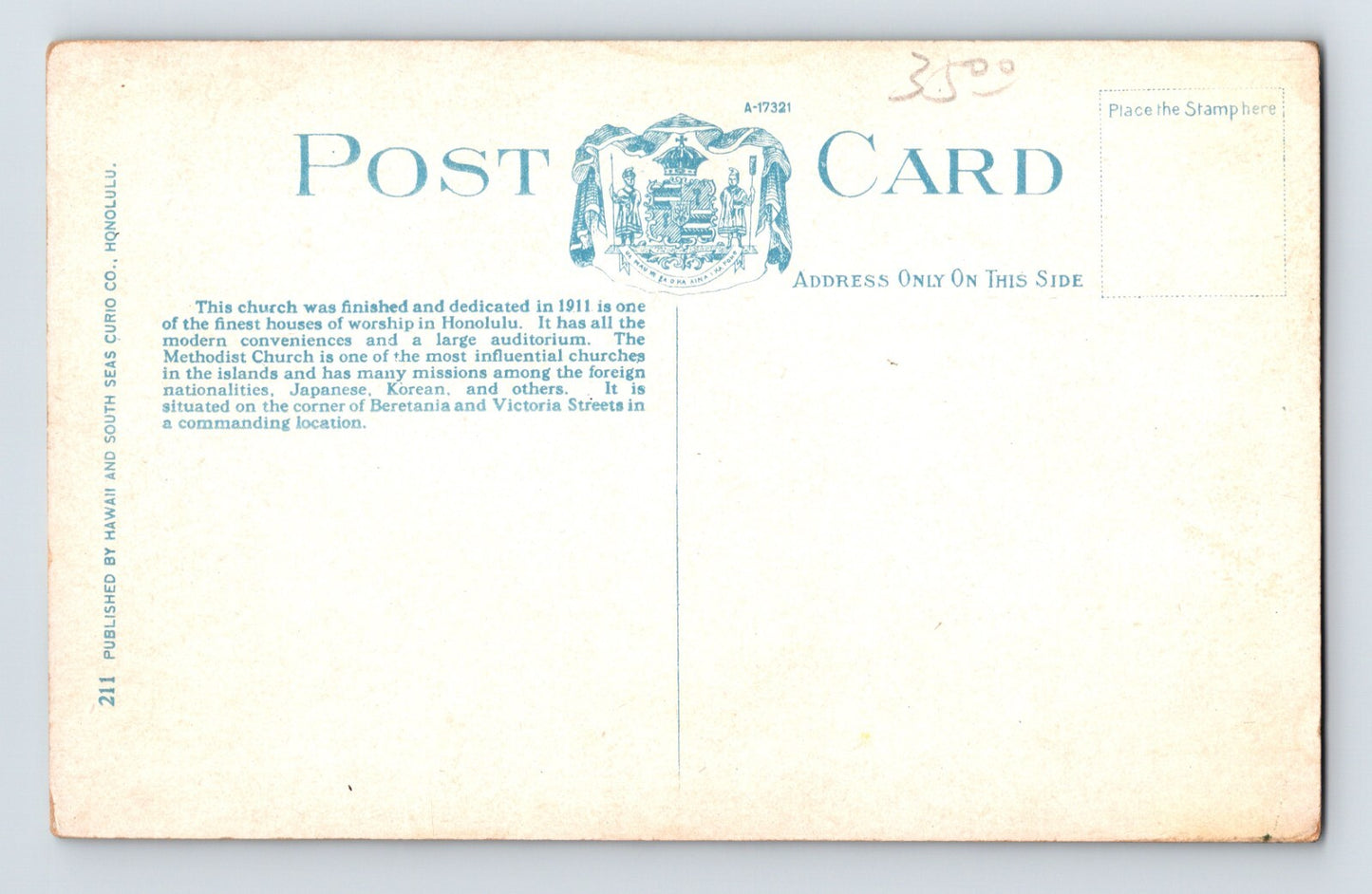 Honolulu Hawaii First Methodist Episcopal Church 1910s Postcard Unposted