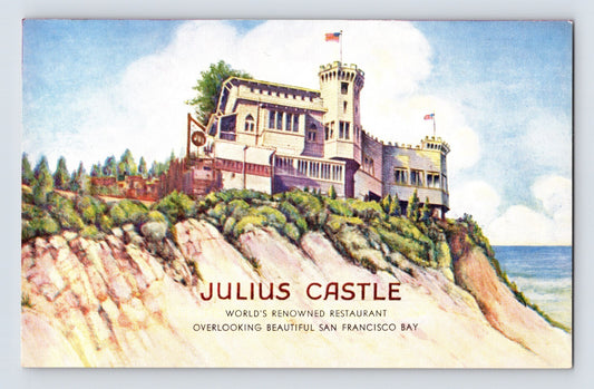 San Francisco California Julius Castle restaurant cliffside building ocean view 1960s chrome postcard