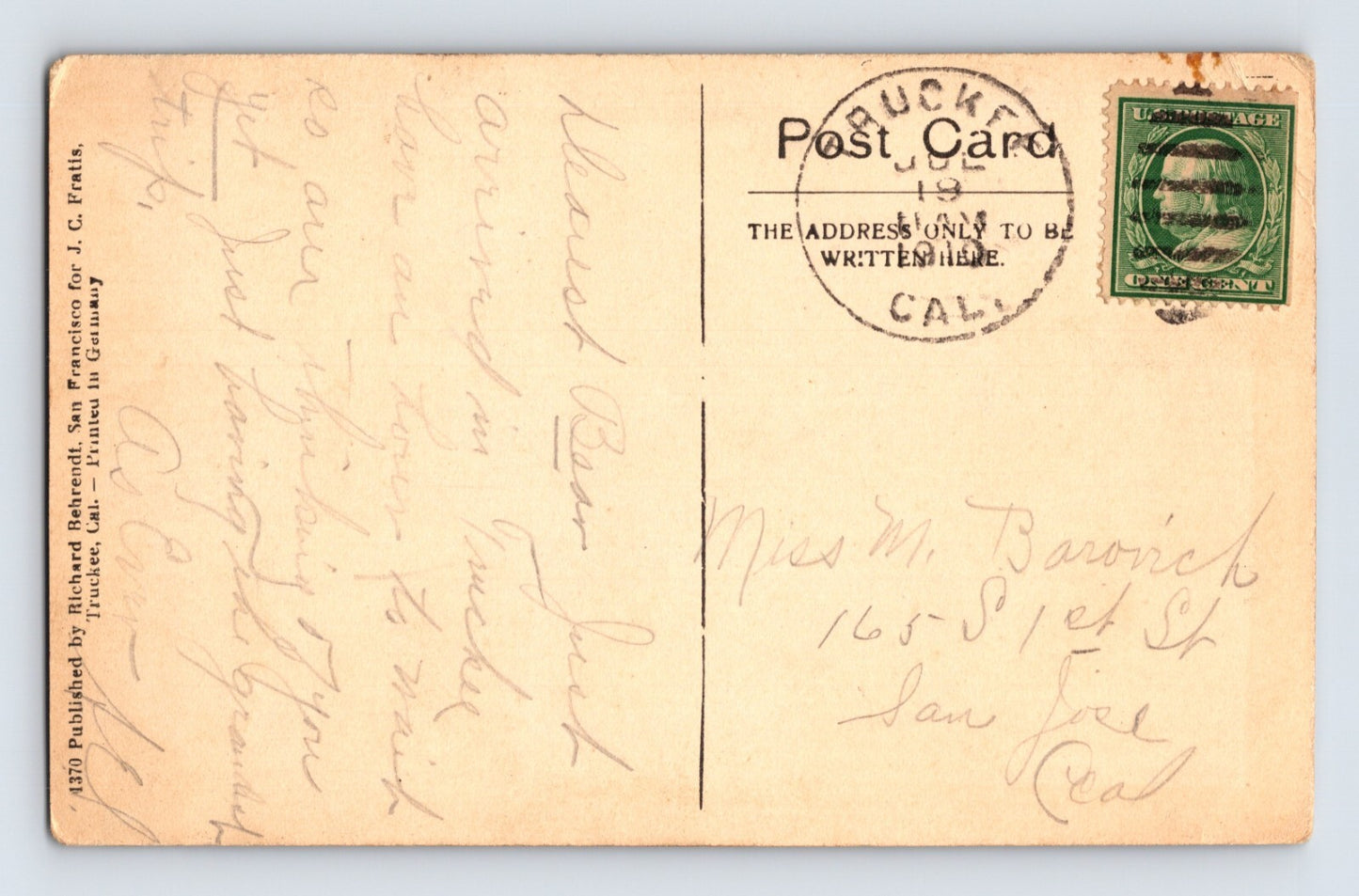 Truckee California Aerial Downtown Spring View Behrendt  1910 Postcard Posted