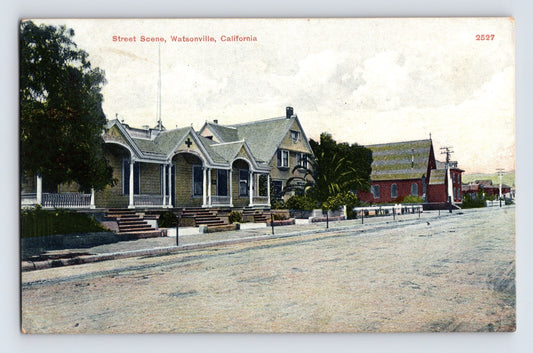 Watsonville California street scene with residential houses and dirt road 1909 postcard