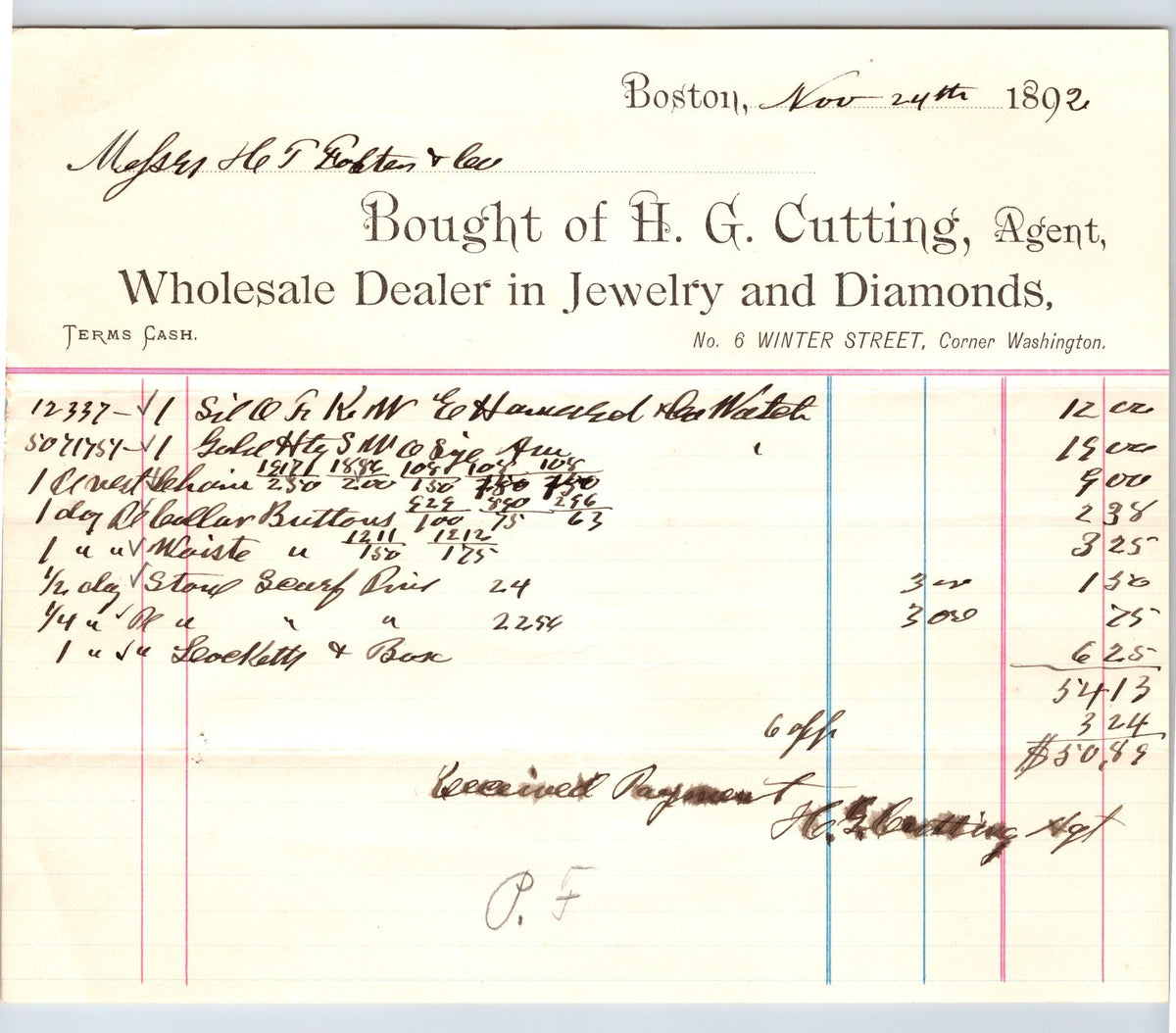 Boston Massachusetts 1892 H.G. Cutting Jeweler Diamonds Billhead - 8.5 x 7