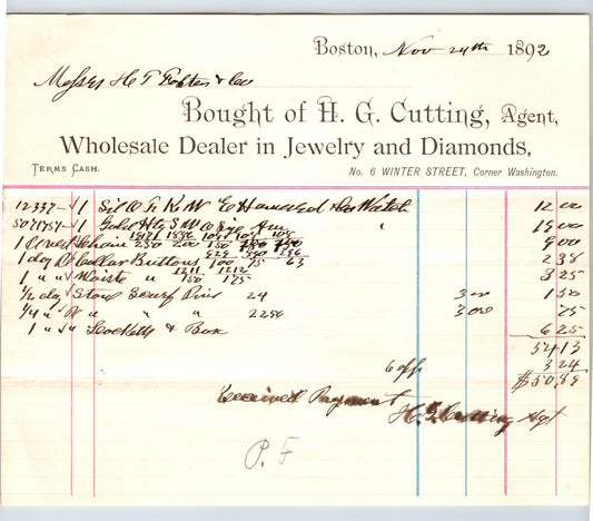 Boston Massachusetts 1892 H.G. Cutting Jeweler Diamonds Billhead - 8.5 x 7