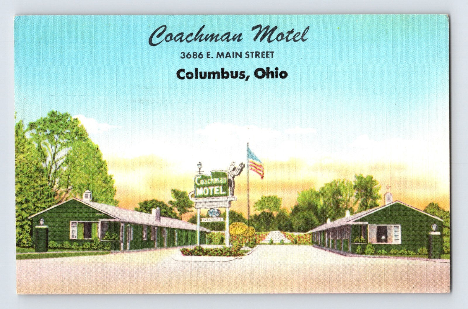 Columbus Ohio Coachman Motel roadside sign cabins linen postcard 1940s