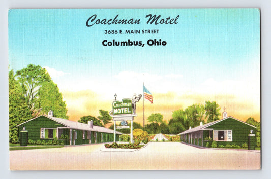 Columbus Ohio Coachman Motel roadside sign cabins linen postcard 1940s
