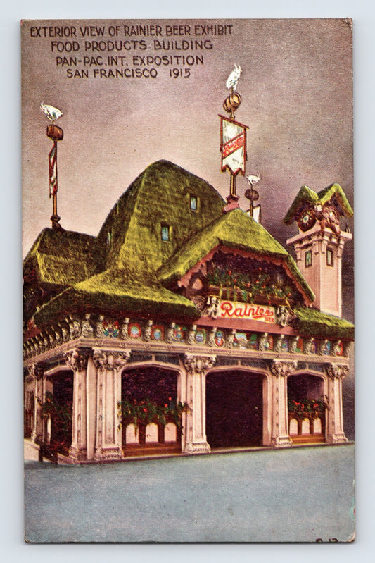 San Francisco California Rainier Beer exhibit Panama Pacific Exposition 1915 building postcard