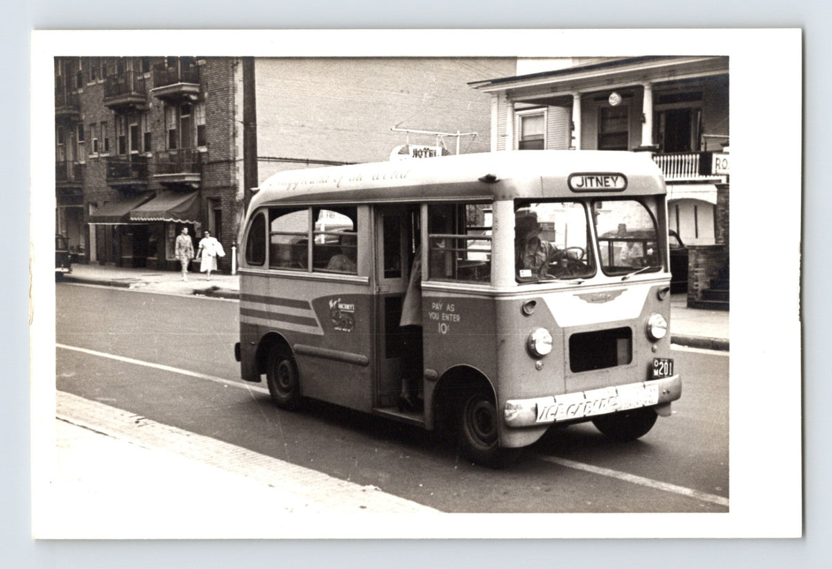 Atlantic City Jitney Association 1948 Willys Jeep C-10 model jitney bus operating on city street with JITNEY destination sign and 10¢ fare notice visible