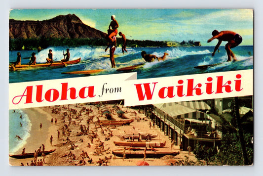 Honolulu Hawaii Waikiki Surfing Aloha Banner 1960s Postcard Posted Chrome