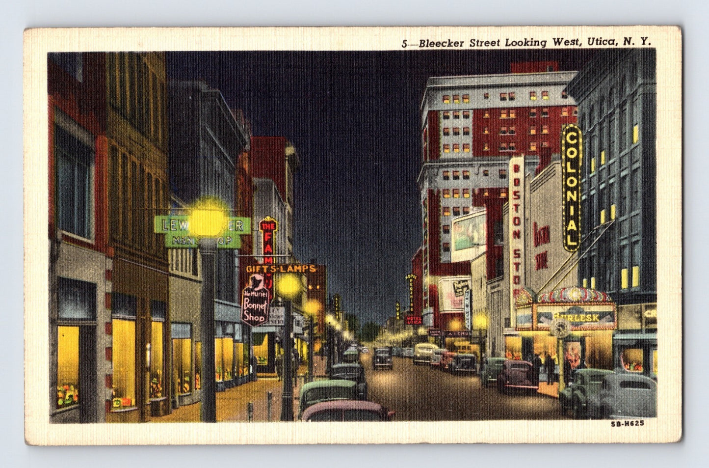 Utica New York Bleecker Street night neon lights 1940s cars storefronts linen postcard