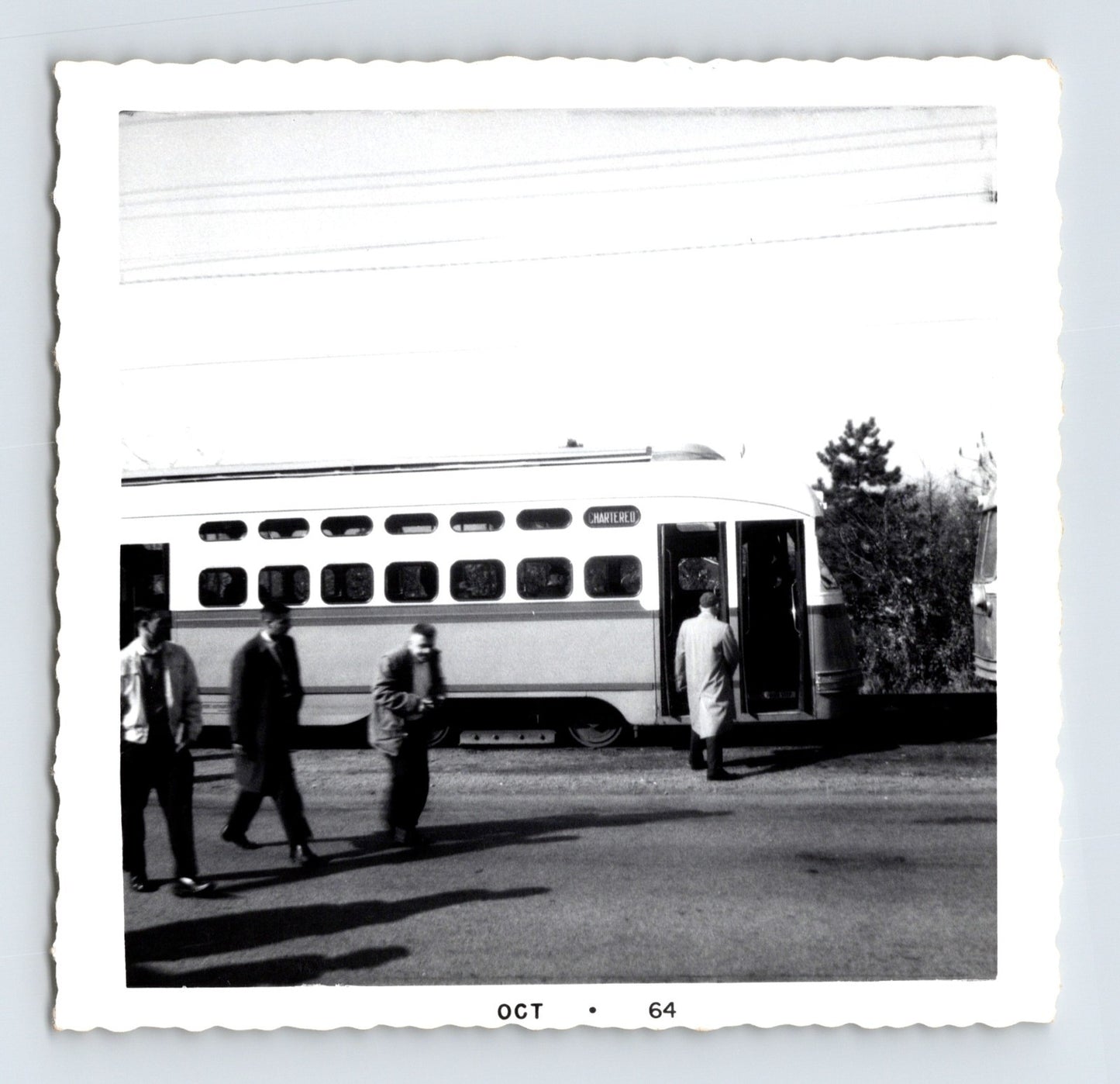 1964 streetcar marked Chartiers with passengers boarding, October 1964 trolley scene, black and white photograph