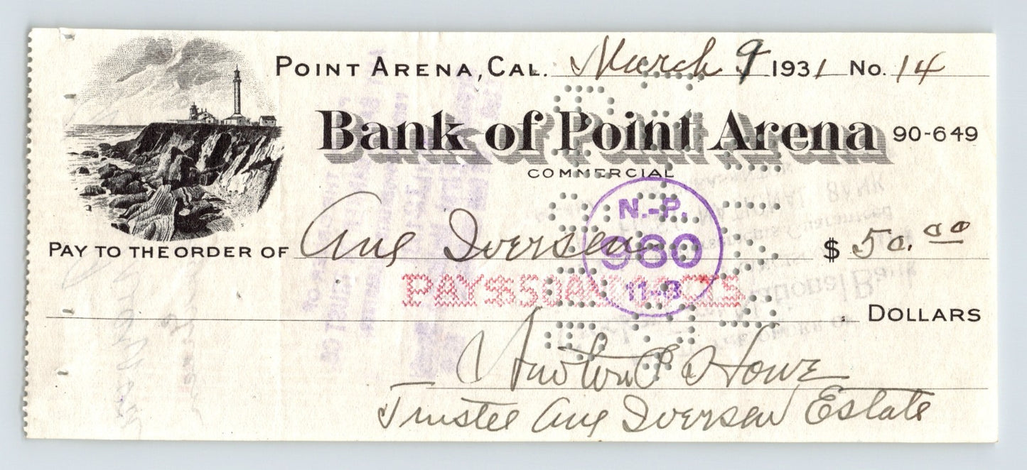 Point Arena California Bank of Point Arena 1931 check lighthouse vignette manuscript entries