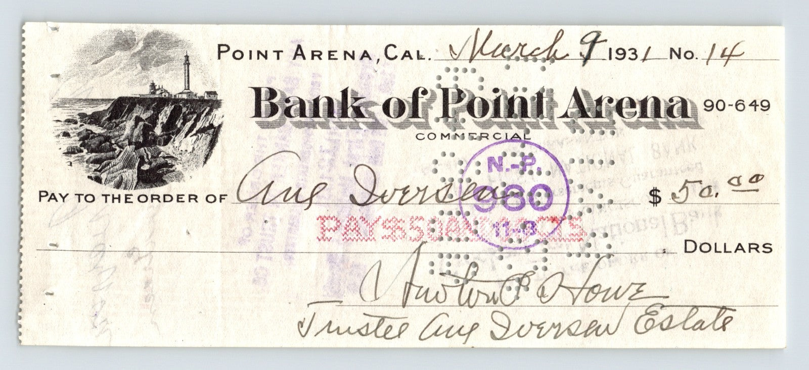 Point Arena California Bank of Point Arena 1931 check lighthouse vignette manuscript entries