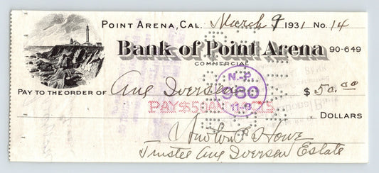 Point Arena California Bank of Point Arena 1931 check lighthouse vignette manuscript entries