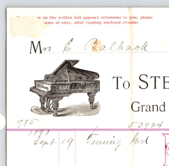 Steinway & Sons New York City 1898 Piano Tuning Billhead 8 x 5