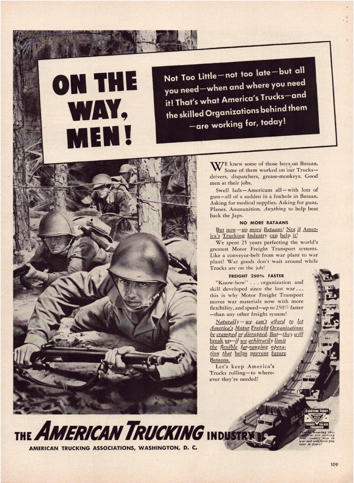 American Trucking Industry 1942 WW2 soldiers trucks transport wartime print ad