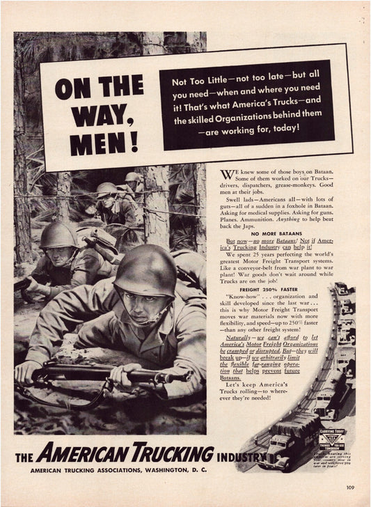American Trucking Industry 1942 WW2 soldiers trucks transport wartime print ad