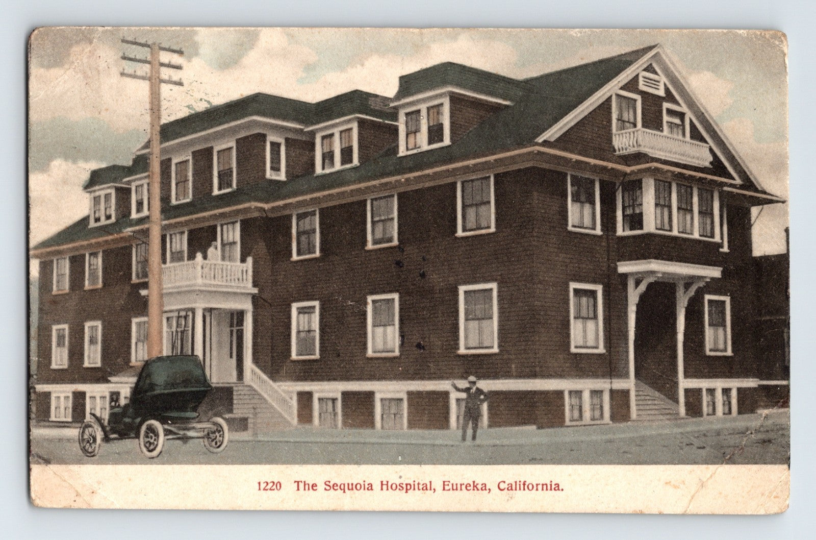 Sequoia Hospital Eureka California 1909 postcard with early automobile