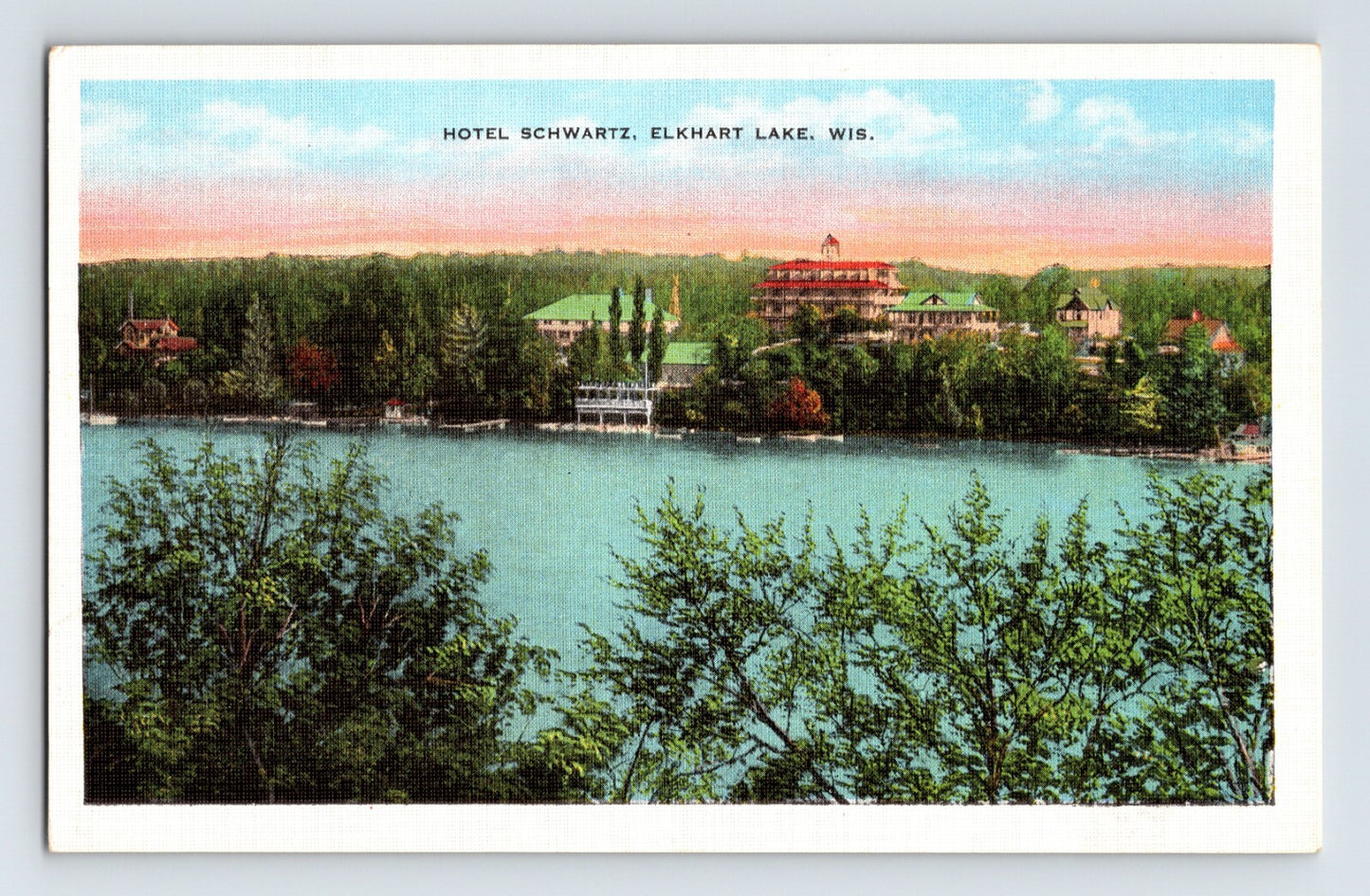 Elkhart Lake Wisconsin Hotel Schwartz lakeside resort linen postcard 1940s