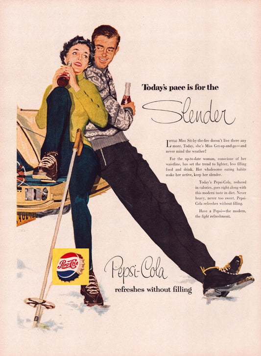 Pepsi Cola 1956 print advertisement cross country skiing couple winter scene full page
