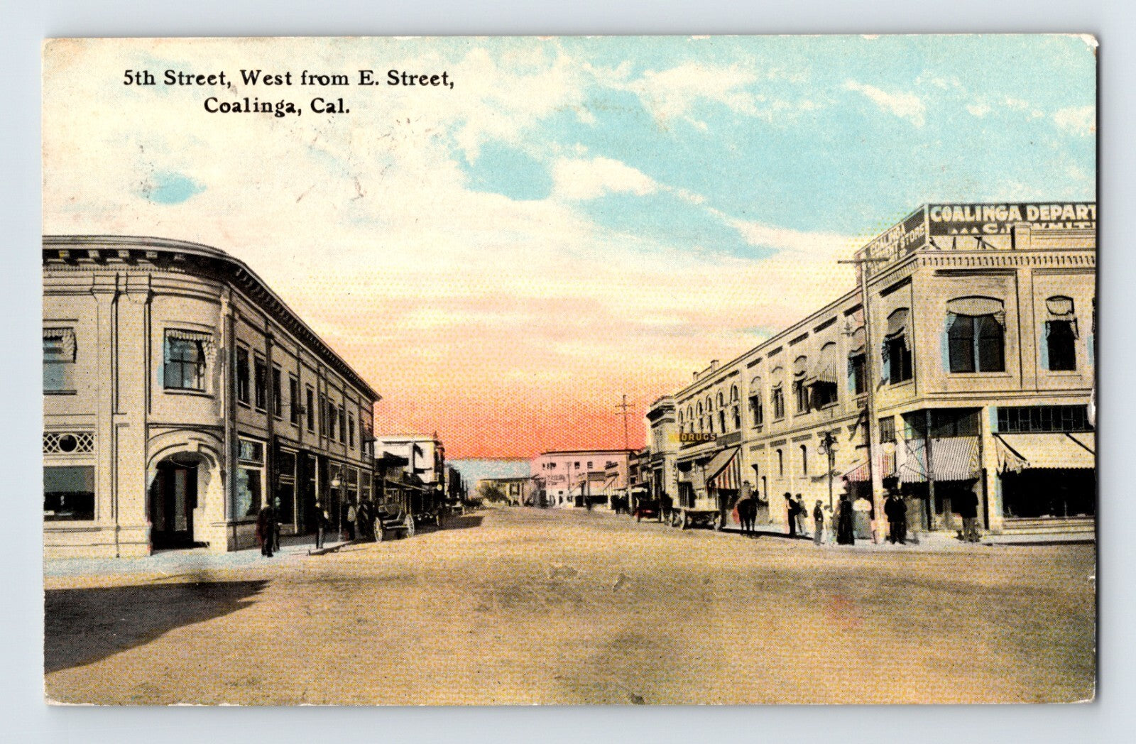 Coalinga California 5th Street West from E Street downtown 1911 postcard street view divided back