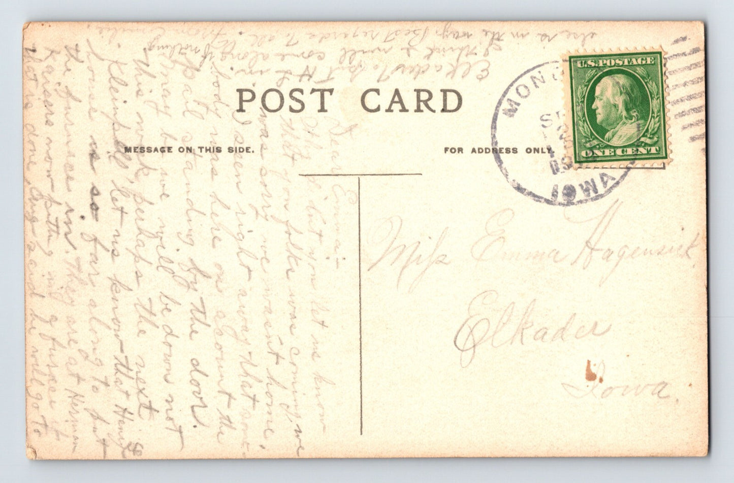 Monona Iowa Center Street Dentist Car 1912 Postcard Posted Divided
