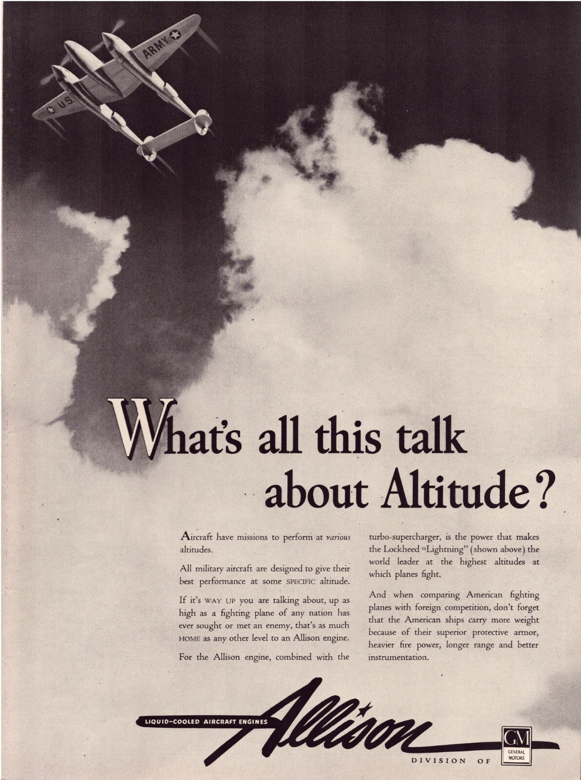 Allison aircraft engine 1942 WWII print ad US Army plane clouds altitude slogan aviation