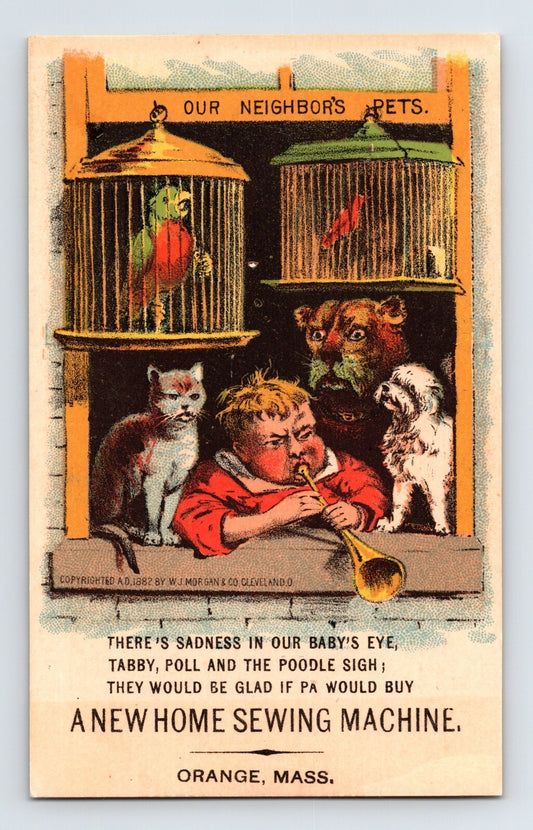 New Home Sewing Machine Victorian trade card child pets birds cages orange massachusetts 1890s