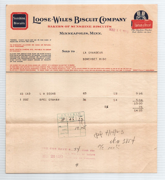 Minneapolis Minnesota Loose Wiles Sunshine Biscuit Company 1923 billhead invoice