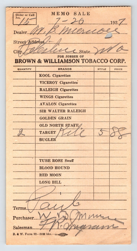 Palestine West Virginia Brown Williamson Tobacco memo sale snuff cigarettes 1937 handwritten billhead