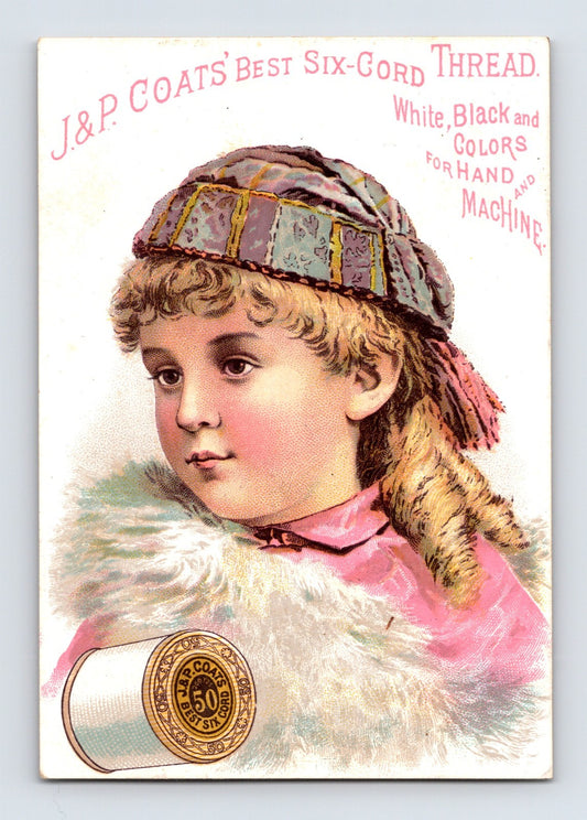 J P Coats thread trade card girl portrait spool reverse blue printing