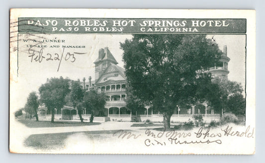 Paso Robles California Hot Springs Hotel exterior trees early 1905 postcard