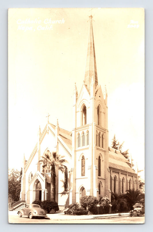Napa California Catholic Church Automobile 1940s RPPC Postcard Zan Stark EKC