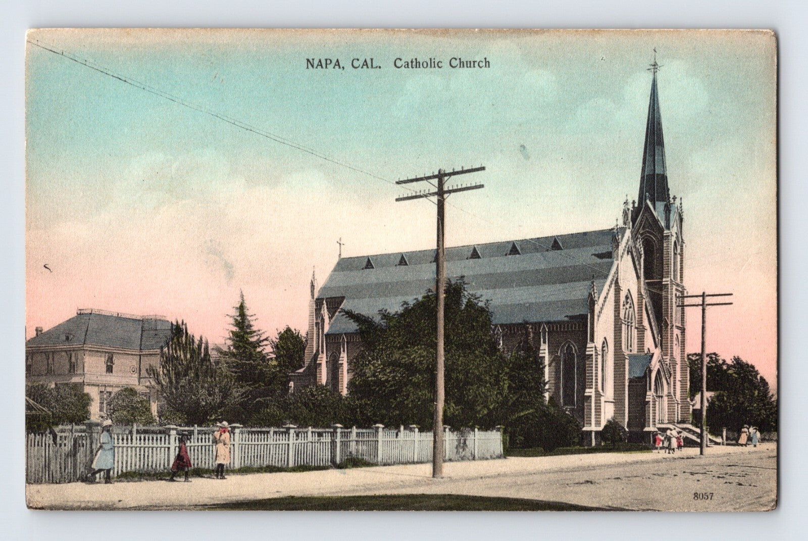 Napa California Catholic Church steeple street view fence 1910s postcard