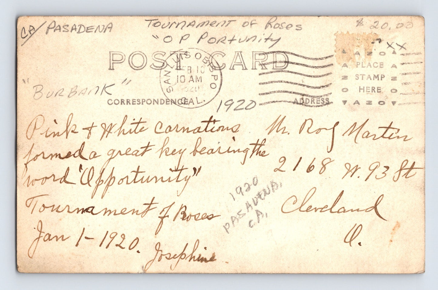 Pasadena California Tournament of Roses Parade Burbank 1920 RPPC Postcard Posted
