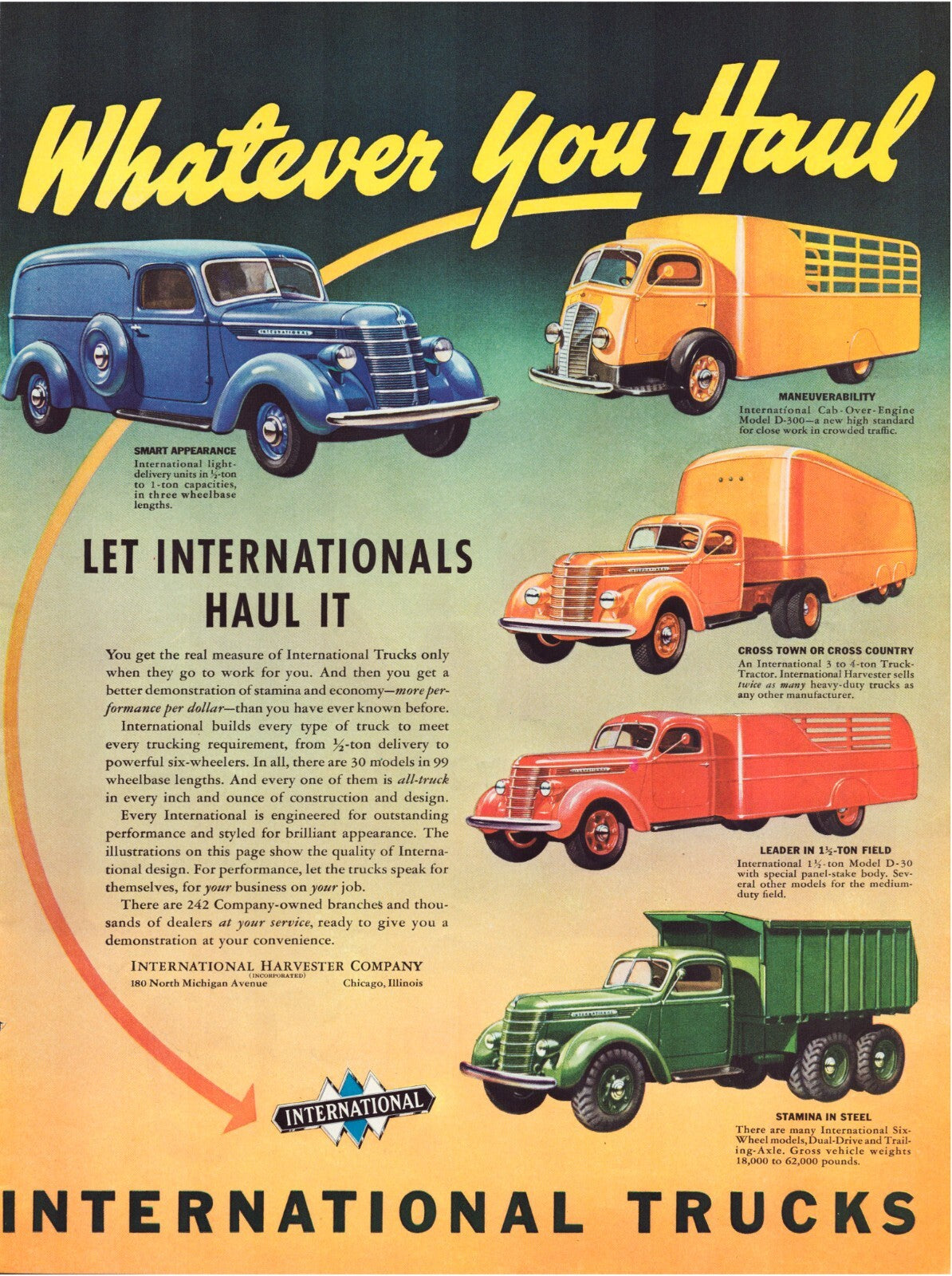 International Trucks 1938 print ad multiple truck models illustrated hauling vehicles vintage advertisement