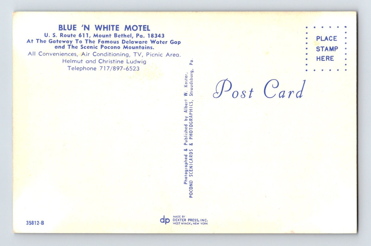 Mount Bethel Pennsylvania Blue White Motel 1960s Postcard Unposted Chrome