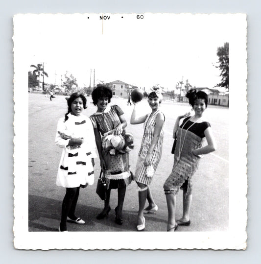 Halloween girls flapper costumes 1960 schoolyard snapshot vintage photo 3.5 x 3.5