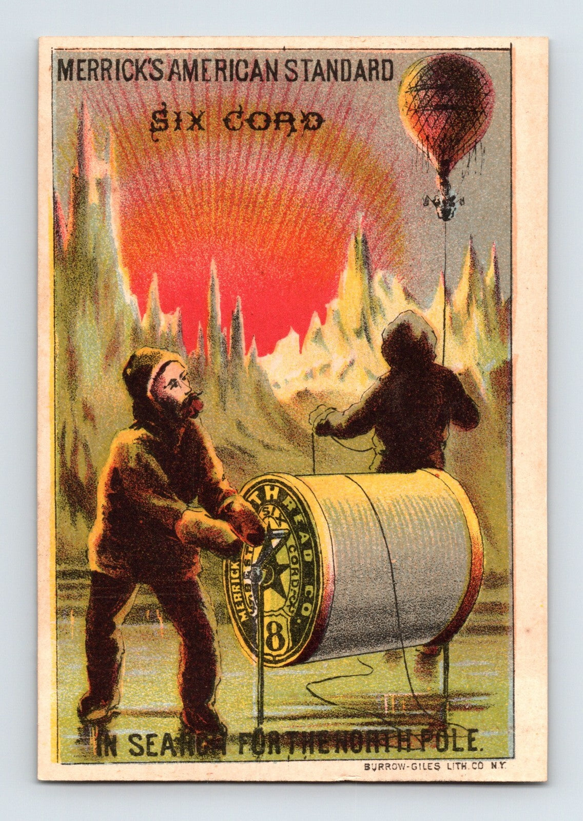 Merricks American Thread Six Cord Victorian trade card with hot air balloon and Arctic explorers scene, 1890s color lithograph