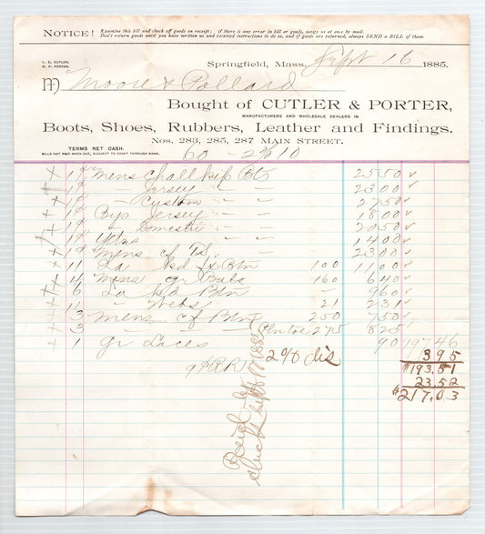 Springfield Massachusetts 1885 Cutler Porter boots shoes leather billhead with handwritten ledger entries and itemized purchases