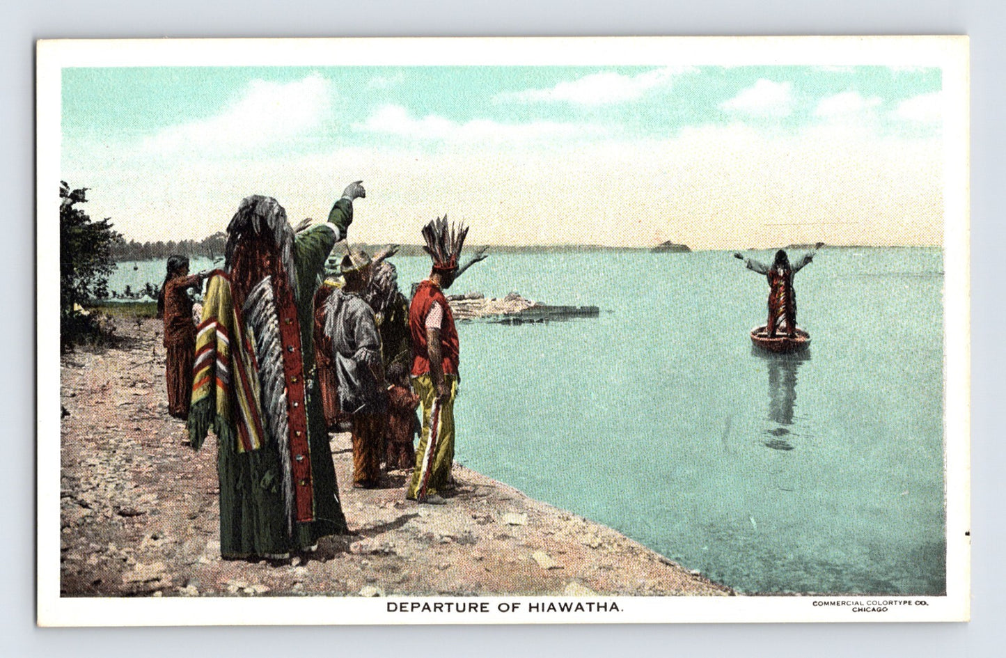 Native American Hiawatha departure scene canoe lake 1930s white border postcard