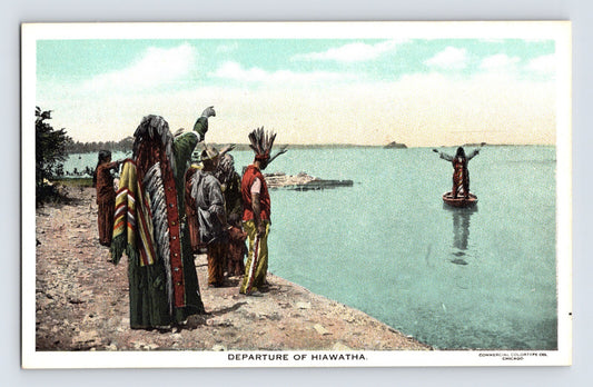 Native American Hiawatha departure scene canoe lake 1930s white border postcard