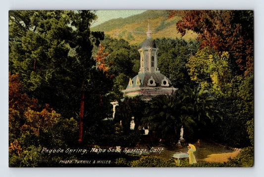 Pagoda Spring at Napa Soda Springs California showing ornate pavilion surrounded by trees and hillside landscape in early postcard