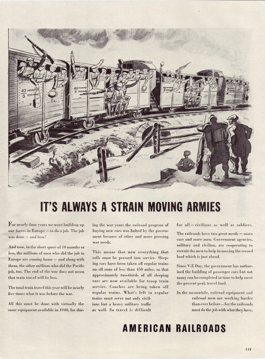 American railroads 1945 troop train soldiers WWII print ad transport wartime logistics