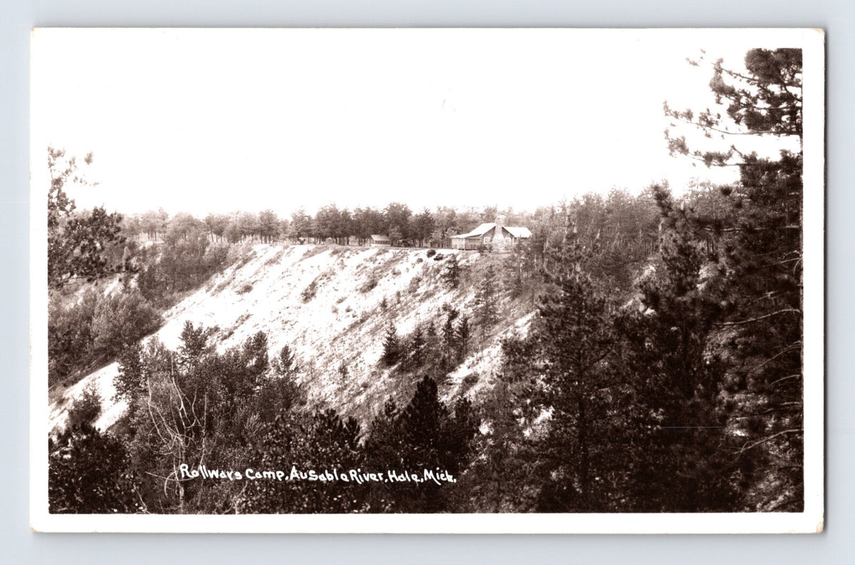 Hale Michigan Rollways Camp AuSable River hillside trees RPPC postcard 1978