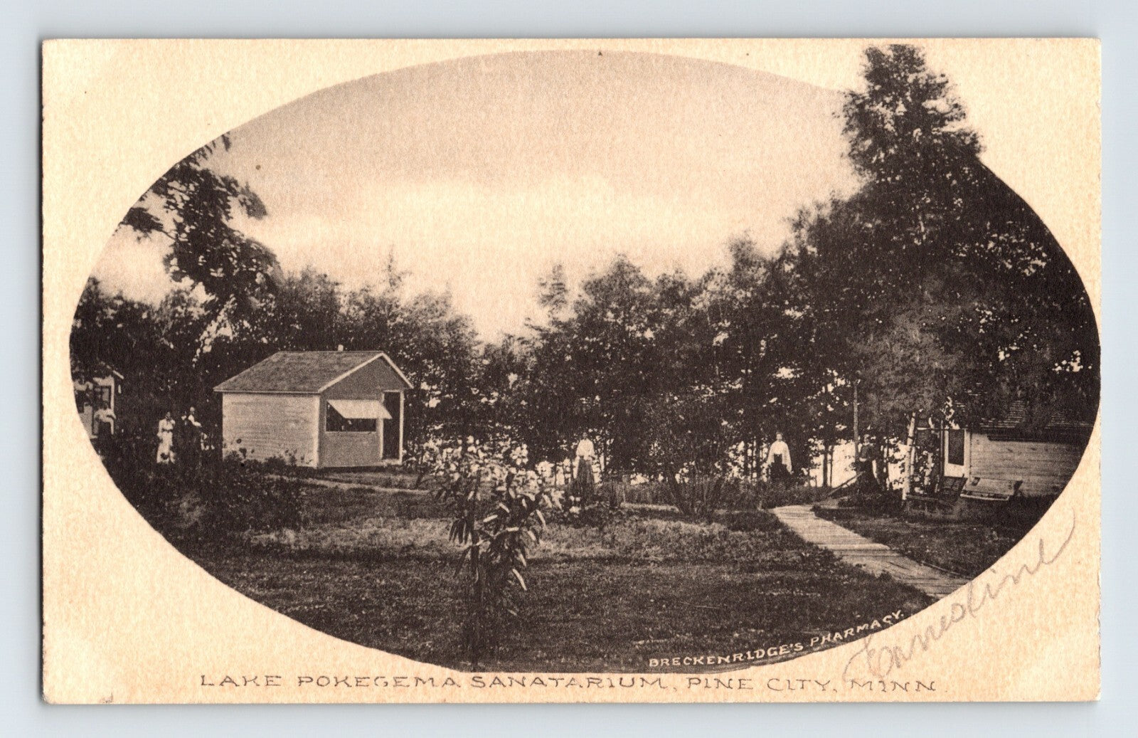 Vintage black and white photo of a sanatorium with trees and people around, labeled 'Lake Pokegama Sanatorium, Pine City, Minn'.