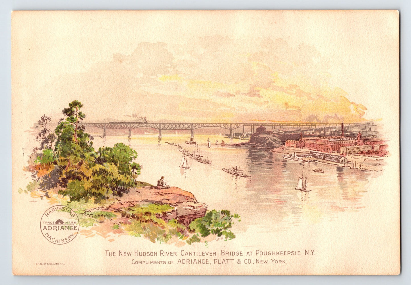 Adriance Mowers Hudson River Bridge Poughkeepsie New York 1890s Trade Card 7 x 5