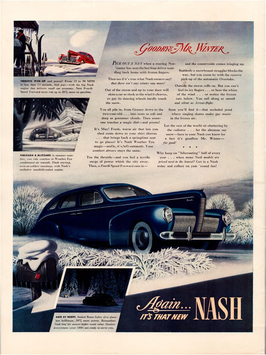 Nash 1939 Winter Snow Full Page Print Ad 10.5 x 13.5