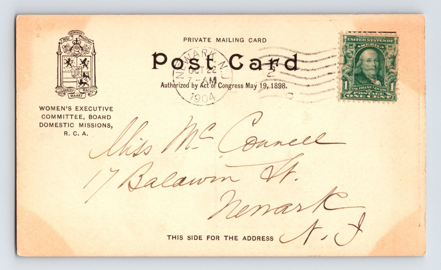 Newark New Jersey Reformed Church Missionary China 1904 Postcard Posted