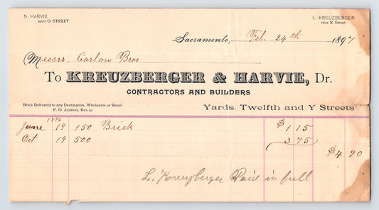 1897 billhead from Kreuzberger and Harvie contractors in Sacramento California showing handwritten brick delivery charges and printed business header