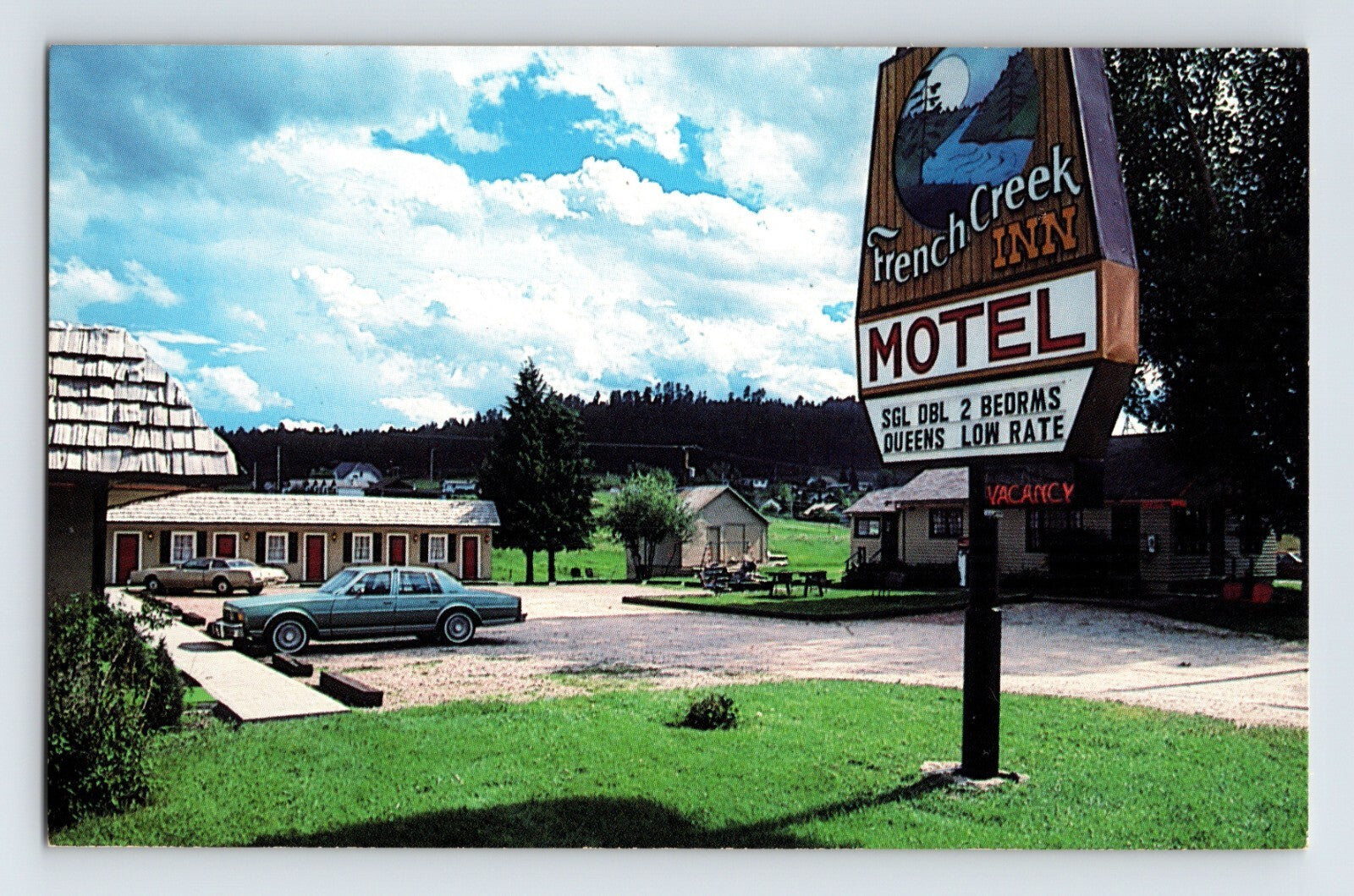 Custer South Dakota French Creek Inn motel roadside sign car parking 1970s chrome postcard